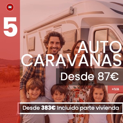 Familia sonriente frente a su autocaravana en el campo, promocionando garantía mecánica y de habitáculo para profesionales y particulares.