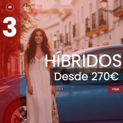 Mujer joven sonriente junto a un coche híbrido azul en una calle luminosa, publicidad de garantía para vehículos híbridos.