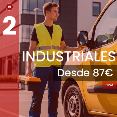 Operario con chaleco reflectante y caja de herramientas junto a una furgoneta amarilla, promocionando garantía para vehículos industriales.