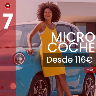 Mujer joven con vestido amarillo junto a un microcoche azul celeste, publicidad de garantía mecánica para vehículos sin carnet.