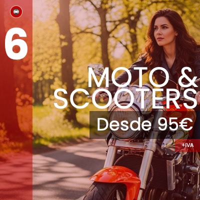 Mujer con chaqueta de cuero sobre una moto de carretera en una ruta arbolada, publicidad de garantía mecánica para motocicletas.